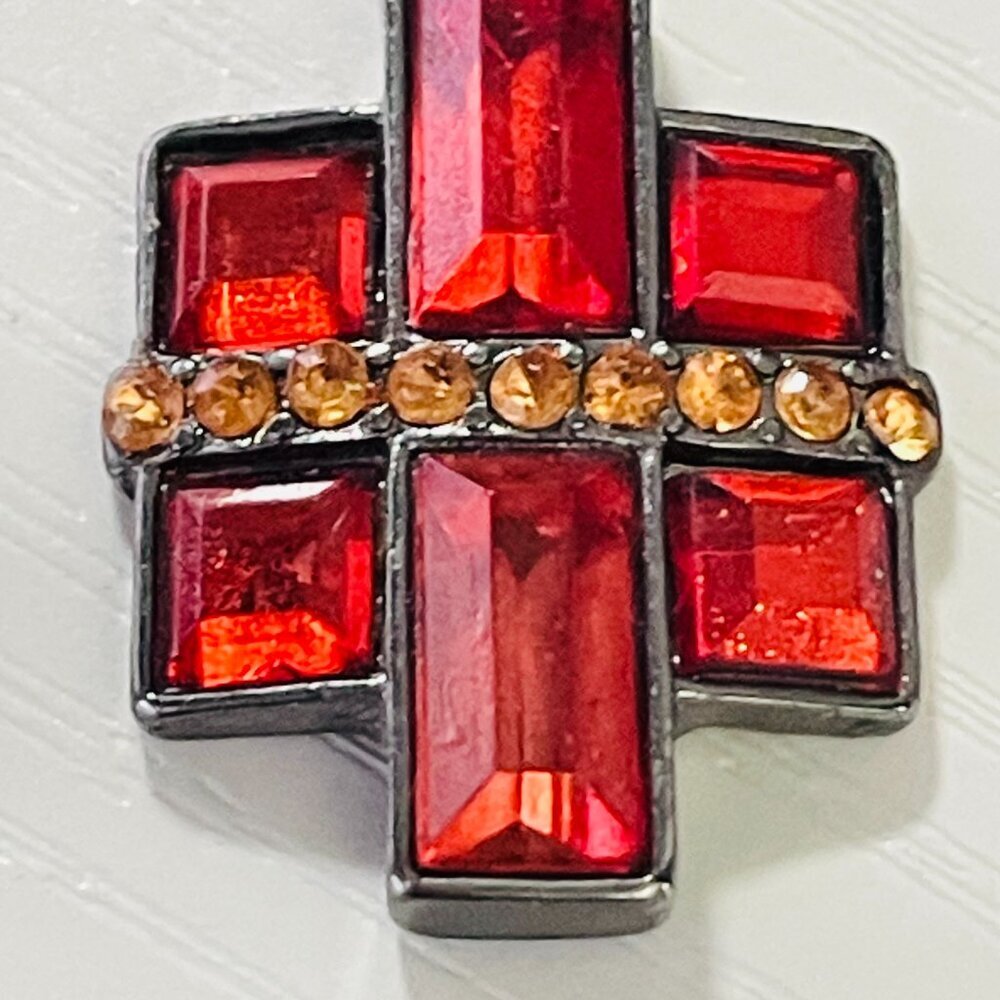 Red & Amber Geometric Dangle Earrings - Gunmetal Tone - Picture 2 of 3